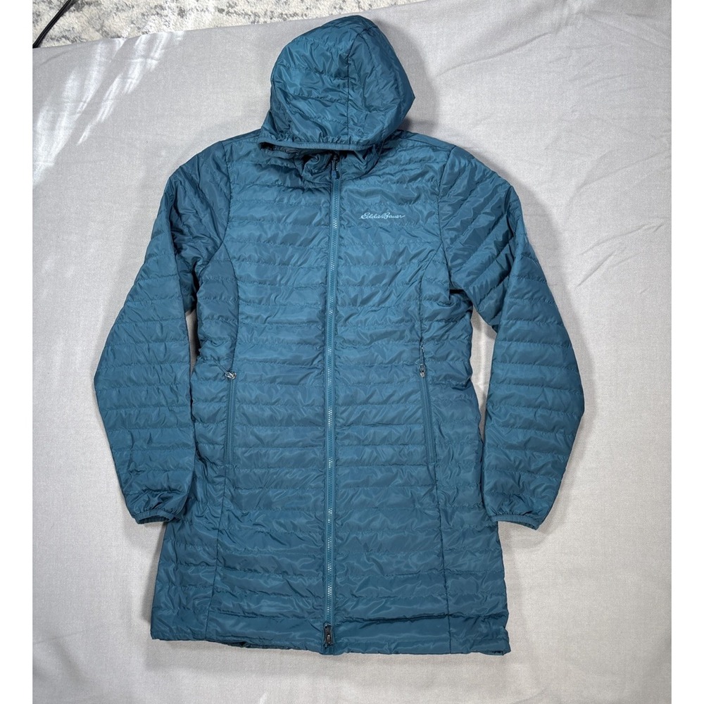 Eddie Bauer Goose Down Parka Womens Small Teal Blue Hooded Outdoor Lightweight
